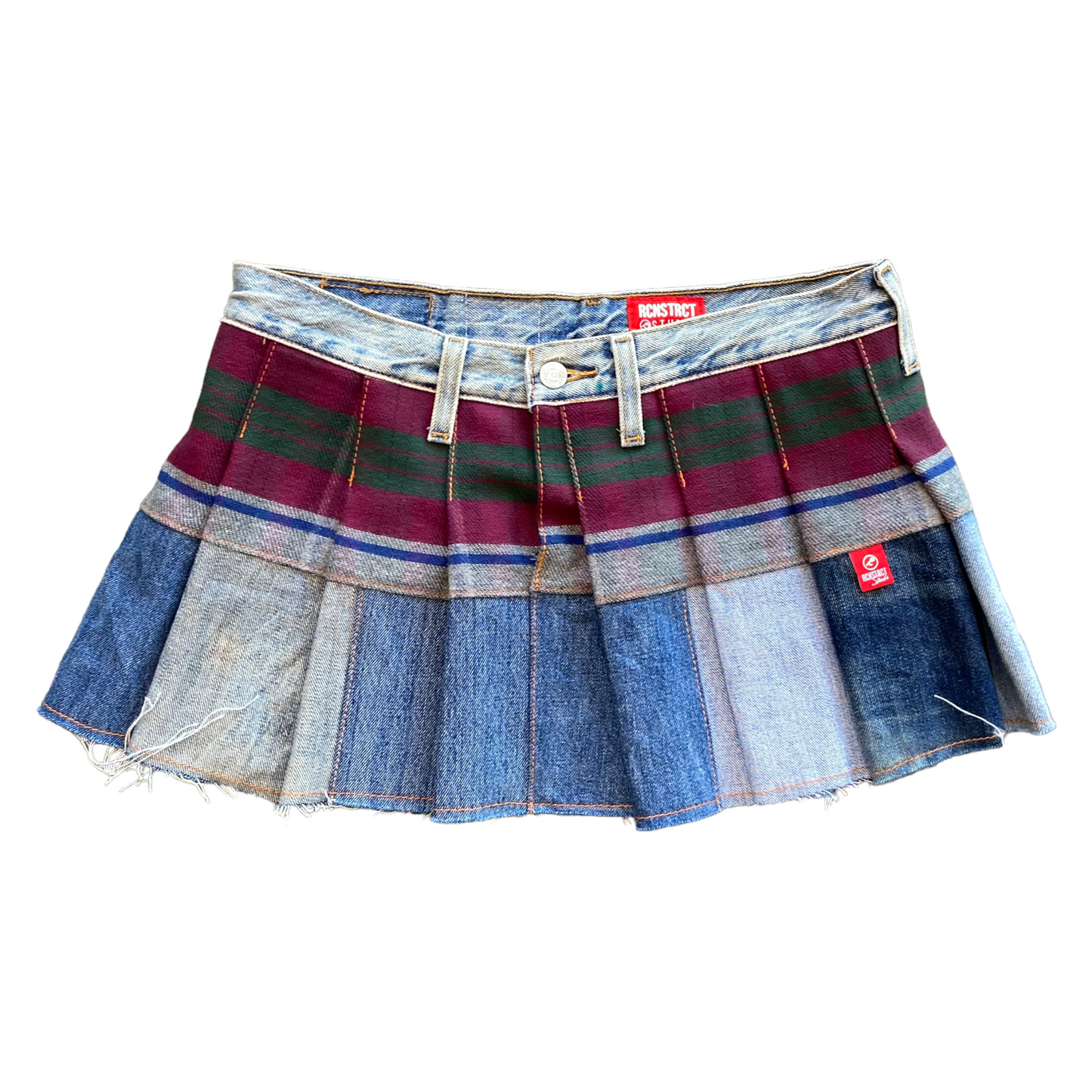 Denim + Plaid Pleated Skirt